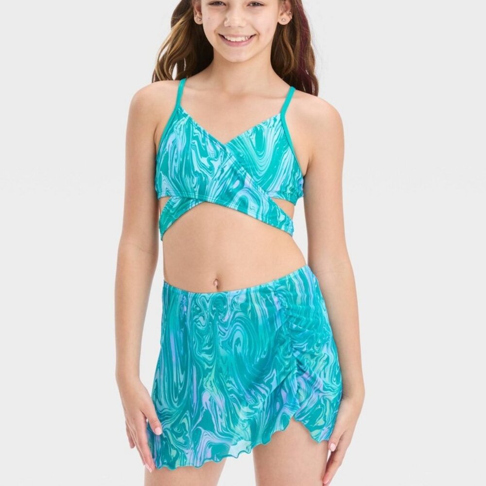Art Class Girls 3pc Swirly Marble Swimwear Set - XS